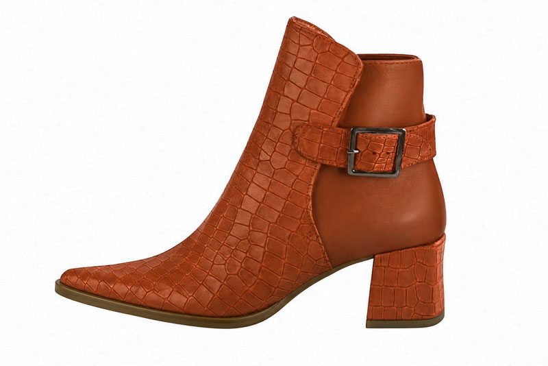 Women's terracotta back-buckle ankle boots with pointed toe and mid comma heel - Profile view